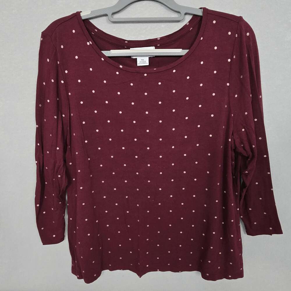 Liz Claiborne Women's Long Sleeve Round Neck Burgundy & Polka Dot Stretchy Top